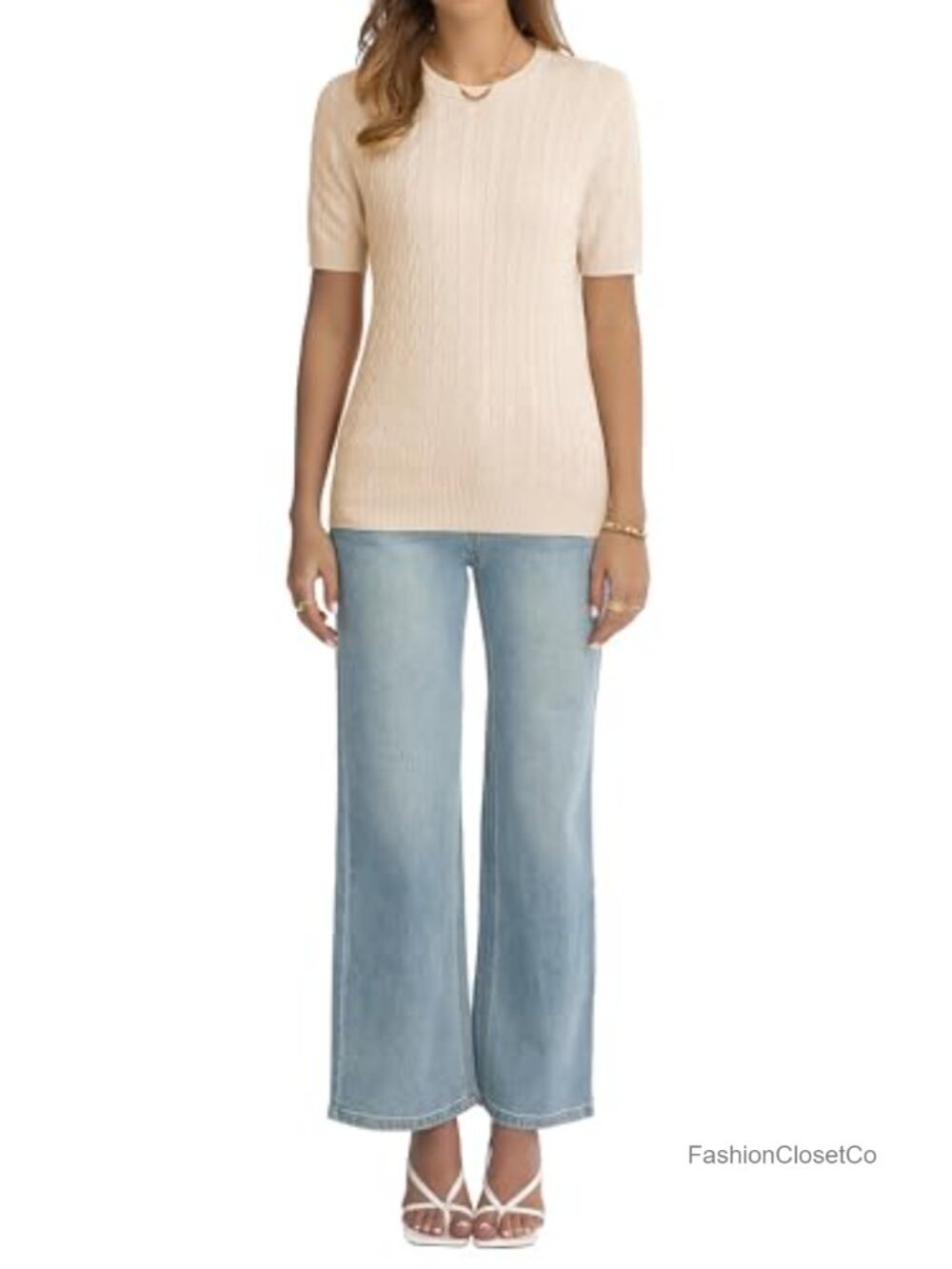 Women's Cable Knit Short Sleeve Crew Neck Sweater Viscose Blend - Picture 4 of 6